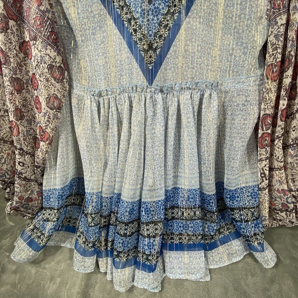 Free People Medium Top Flowy Aliya Long Slv Print Blue Metallic Gold Boho Hippie - Picture 12 of 16